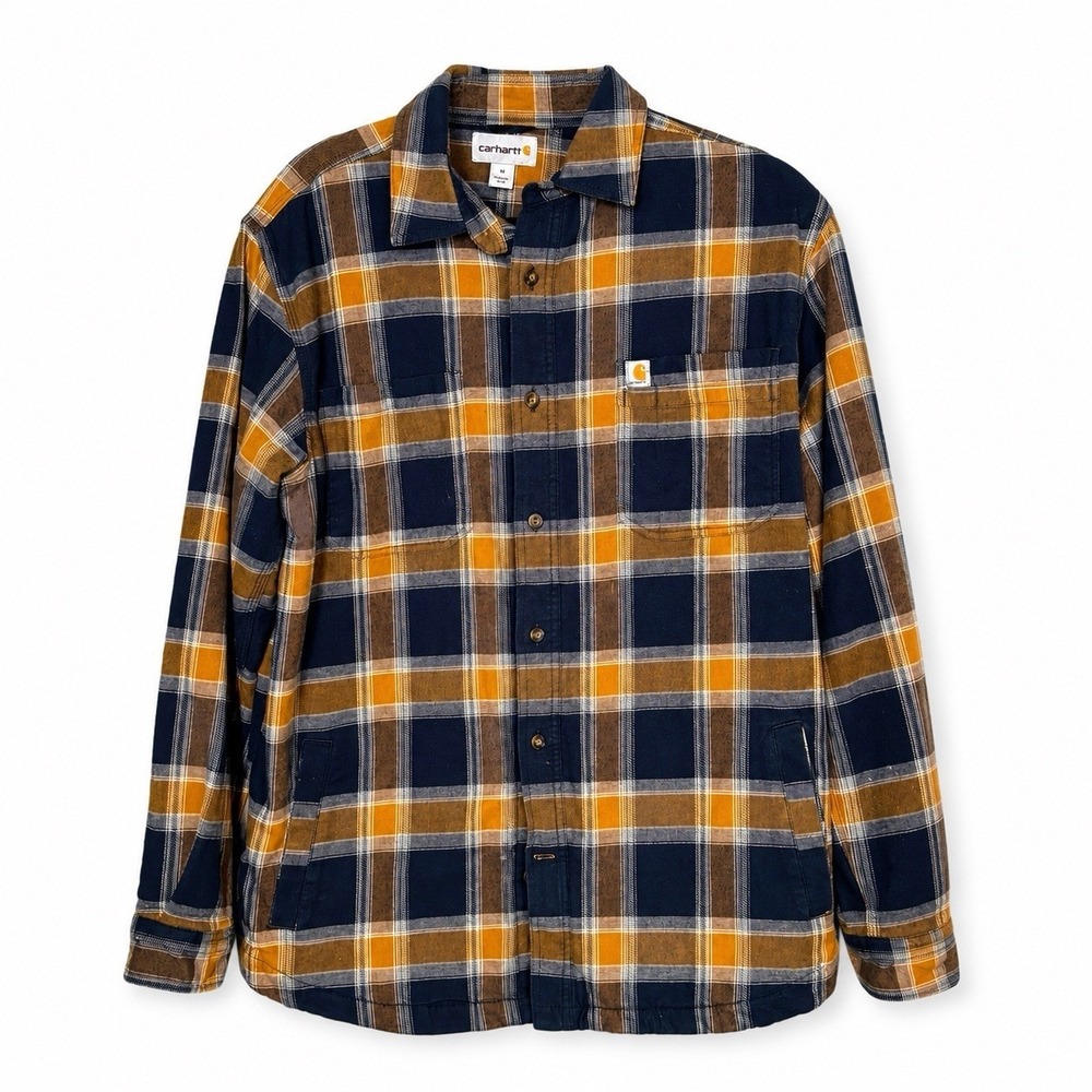 Carhartt Flannel Shirt Mens Medium Plaid Blue Tan Fleece Lined Shacket Relaxed